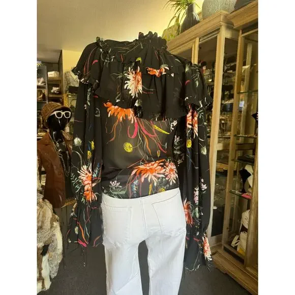 H&M Sheer Black Floral Fluttersleeve Highneck Top - Picture 3 of 5